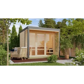 Karibu 38 mm Saunahaus Ares 3 Naturbelassen/Graualuminium inkl. 9 kW Ofen Bio + ext. Steuerung
