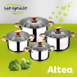 San Ignacio - 8-teiliges Kochgeschirr-Set, geeignet für Induktion, Altea, Edelstahl + Set mit 4 Küchenmessern aus Edelstahl, Daimiel