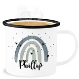 Emaille Becher Blechbecher - Boho - Regenbogen Name - 300 ml - Weiß Schwarz - bohemian rainbow tassen individuell bedrucken tasse personalisierte geschenke schulkind selbst gestaltet names