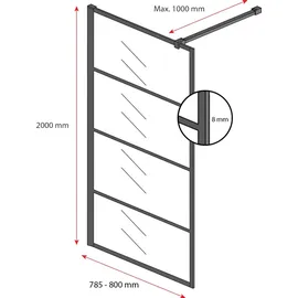 Badplaats Essos Duschwand 80 x 200 cm Schwarz Sicherheitsglas