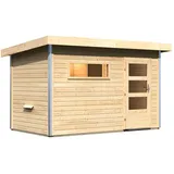 Karibu Gartensauna Pultdach Saunahaus Skrollan 1 mit Vorraum-Ohne Ofen-Moderne Saunatür (Klarglas)