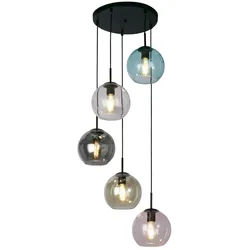 Licht-Erlebnisse Pendelleuchte KYLE Farbenfroh 5x E27 bis 60 W Schwarz, Bunt Baustahl, Glas LE95506