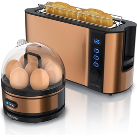 Arendo - SET Toaster FRUKOST mit Eierkocher SEVENCOOK Edelstahl Kupfer, Toaster 2 Scheiben, LED-Display, 6 Bräunungsgrade, Brötchenhalter - Eierkocher