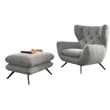 KAWOLA Sessel CHARME Hochlehnsessel Cord hellgrau mit Hockerbank