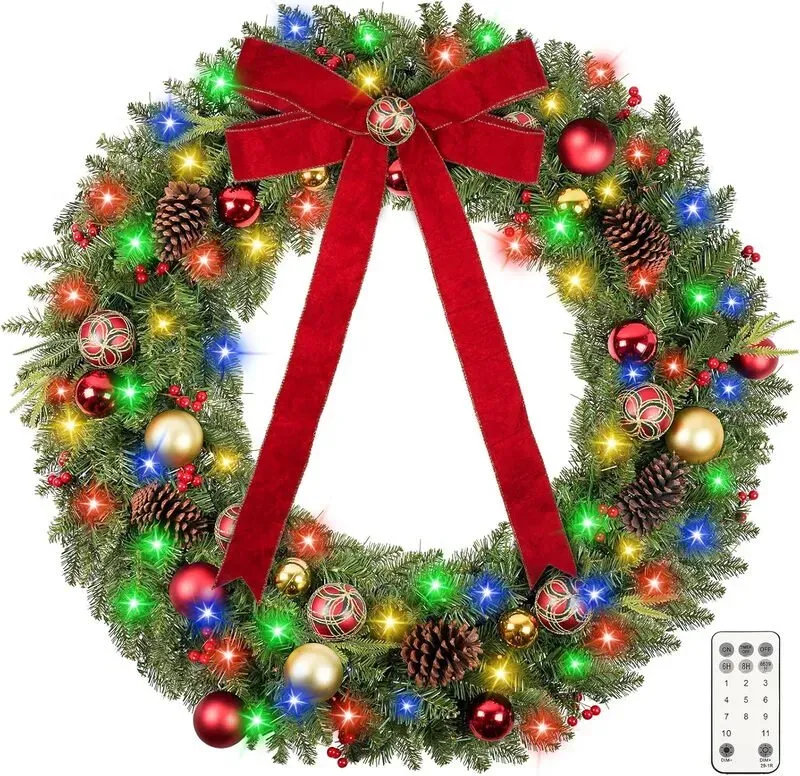 48-Zoll-Weihnachtskranz mit Dekorationen/Schleife/200 Lichter - 1 Stück