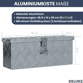 deluke DELUKE® Aluminiumbox mit Deckel - Abschließbar Alubox Deichselbox Alu Anhängerbox Werkzeugkiste Metall Transportbox Metallkiste, 48,5x14x20cm Silber