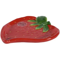 Decoris Teller 17cm Keramik in Erdbeer Form - Servierteller Dessertteller Kuchenteller Frühstücksteller Obstteller Dekoteller Früchte Geschirr Rot Grün