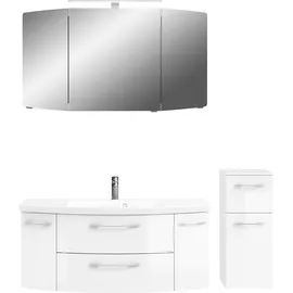 Saphir Badmöbel-Set »Cassca Sprint 3-teilig Mineralmarmor-Waschtisch mit LED-Spiegelschrank«, (4 St.), Unterschrank, inkl. Türdämpfer, 6 Türen, 3 Schubladen, weiß