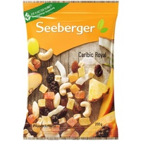 Seeberger Caribic Royal 12er Pack: Süßer Mix aus Papaya, Ananas, Mango, Weinbeeren & Apfelwürfeln mit knackigen Kokoschips, Mandeln & Cashewkernen, vegan (12 x 200 g)