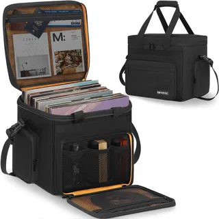 OUUTMEE Vinyl Tragetasche für Schallplatten,Wasserfeste Aufbewahrungstasche für Schallplatten für 7/10/12 Zoll LP-Alben, für 60 LPs mit Herausnehmbaren Trennwänden für Organisieren Sie(Groß)