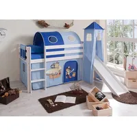 Hochbett in Weiß-Blau mit Rutsche und Vorhang