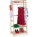 Relaxdays Kleiderständer Bambus, HBT: 164x78x42 cm, Kleiderstange mit 3 Ablagen, 2 Haken, Garderobe freistehend, natur