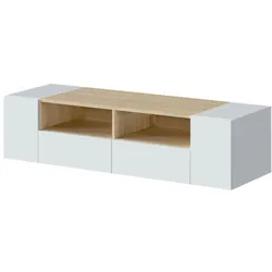 Dmora TV-Ständer Topeka, Wohnzimmer TV-Sideboard, Moderner Fernsehständer, Niedriges Mehrzweck-Sideboard, 138x42h36 cm, Weiß und Eiche