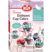 RUF Einhorn Cupcakes, Backmischung für 12 Törtchen mit bunter Tortencreme und weißem Fondant für ein Zucker-Einhorn, inkl. Einhorn Muffinförmchen
