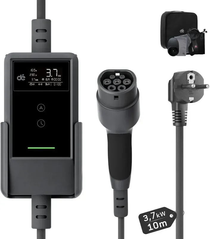 dé Typ 2 EV Ladekabel 3.7kW Einphasig 6A-16A Einstellbar 10m Ladekabel mit CEE 16A Adapter LCD Digital Anzeige Für BEV PHEV