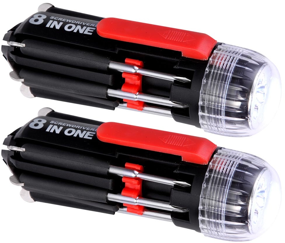 Multifunktionswerkzeug Schraubendreher Taschenlampe Werkzeug, 7 Werkzeuge, schwarz rot, 4x LED Tageslicht, DxH 4x13,5cm, 2er Set