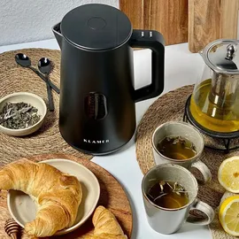 Klamer Edelstahl Wasserkocher mit Temperatureinstellung 40-100°C, Warmhaltefunktion, mattschwarzes Kaltgehäuse, doppelwandiger 1,5L Teekocher mit