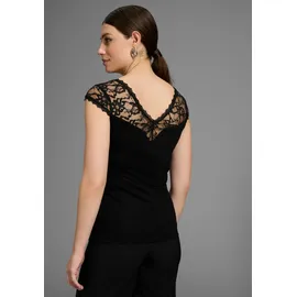 MELROSE Spitzenshirt MELROSE, Damen, Gr. 42, schwarz, Jersey, Obermaterial: 95% Viskose, 5% Elasthan. Spitze: 100% Polyester, unifarben, tailliert hüftbedeckend, V-Ausschnitt, Shirts, taillierter Schnitt, elastisches Material, mit Spitzenband