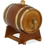 Relaxdays Whiskyfass, 1,25 l, Holz, Schnapsfass mit Bock & Zapfhahn, für Wein, Spirituosen, Deko Holzfass, Dunkelbraun