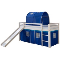 Homestyle4u 1568, Kinderbett 90x200 Weiß Hochbett mit Rutsche Treppe Vorhang Tunnel Blau BettgestellHolz Kiefer Kinderzimmer