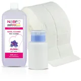 NAILS FACTORY | N&BF Nagel Cleaner Set mit Duft 500ml + Dispenser Pumpflasche Blau 150ml + 1000 Zelletten Cellulose Pads (2 Rollen à 500 Stück) - 70% Isopropanol-Alkohol – für Gelnägel – (Flora)