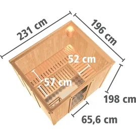 Karibu Sauna Gobin mit Fronteinstieg 68 mm-Ohne Ofen-Ohne Dachkranz-Klarglas Ganzglastür inkl. 10-teiligem gratis Saunaset im Wert von 232,94 €
