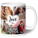 GRAVURZEILE Tasse mit dem Spruch Love zum selbst gestalten mit Foto Collage für acht eigene Fotos - Fototasse personalisiert - Persönliches Geschenk für Paare Freundinnen und Familie Farbe Weiß