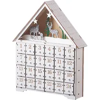 Weißer Adventskalender aus Holz 24 Tage, LED-Lichter, Schubladen, 33×27×5,5 cm, Wiederverwendbarer
