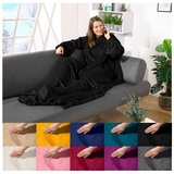 heimtexland ® Ärmeldecke TV Kuscheldecke mit Ärmeln Taschen Fußsack Super Soft Flanell tragbare Decke Ganzkörperdecke Typ870 Schwarz 180x150 cm