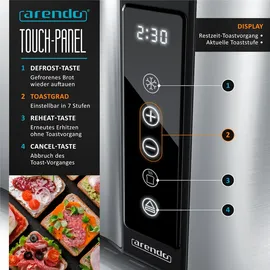 Arendo Toaster für 4 Scheiben Langschlitz 1500 W, Brötchenaufsatz, Wärmeisoliert, Display, Touch, Silber