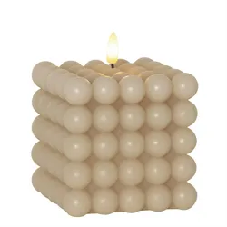 LED Kerze Bubble Würfel Cube Kerze Echtwachs 3D Flamme H: 12,5cm Timer creme