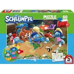 Schmidt Spiele 56522 - Azrael in Schlumpfhausen, 60 Teile, Kinderpuzzle Die Schlümpfe mit Add-on