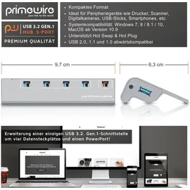 Primewire - USB HUB 3.2 Gen1, USB Adapter, USB Verteiler, 5-Port, kompatibel mit Windows Desktop-PCs, Notebooks, Laptops, MacBooks (bis 2015), Mac