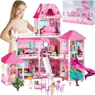 Malplay XXL Großes Ausklappbares Villa Puppenhaus mit Zubehör Möbeln, Puppen und Hunden Kinder Mädchen ab 3 Jahren Geschenk