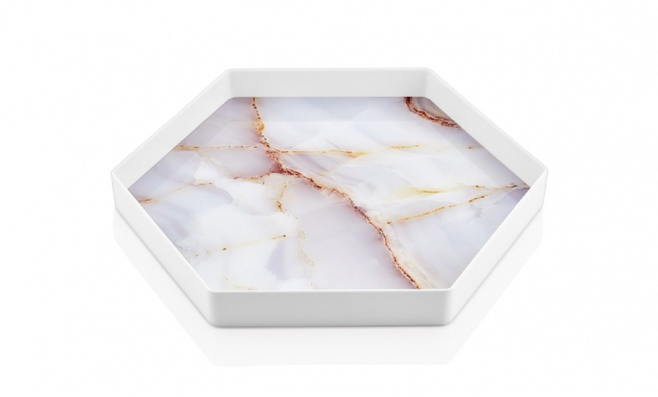 Vip Ahmet Sechseckige weiße Glasschale aus Kristall Tepsi Mermer Desen Serviertablett 35x35cm Weiß