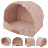 Leanbe Gemütliche Hundehöhle aus Cord, Personalisierbare Katzenhöhle mit Namensgravur, Beige, Gewölbte Form, Weicher Schlafplatz für Haustiere (Rosa, R1: 41 x 33 x 28 cm)