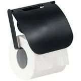 WENKO Static-Loc Plus Toilettenpapierhalter mit Deckel Pavia Schwarz, WC-Rollenhalter, Befestigen ohne Bohren, sicherer Halt durch statische Haftung auf glatten, luftundurchlässigen Flächen, Stahl
