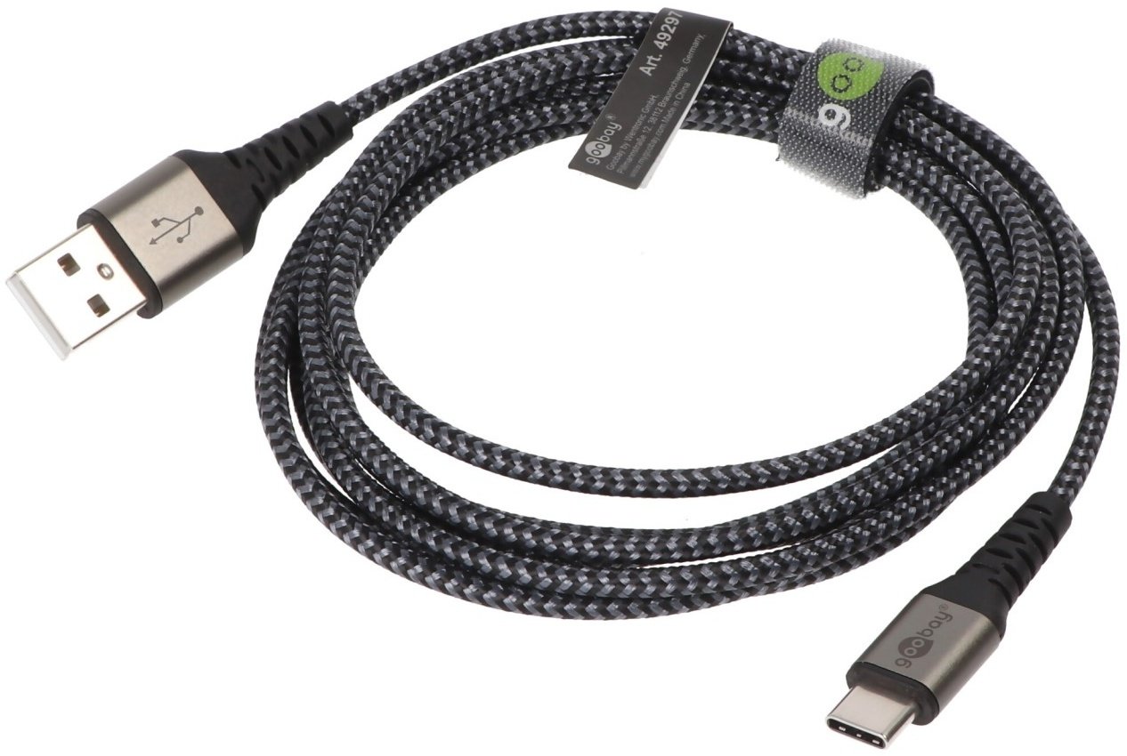 USB-C auf USB-A Textilkabel mit Metallsteckern, extra-robustes Verbindungskabel für Geräte mit USB-C Anschluss, optimierter Knickschutz