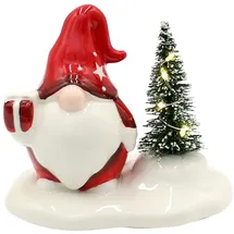 Dekohelden24 ***Gnom - Wichtel in weiß - rot mit Geschenk und Tanne, L/B/H 11 x 7,5 x 9,5 cm.