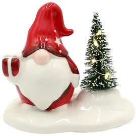 Dekohelden24 ***Gnom - Wichtel in weiß - rot mit Geschenk und Tanne, L/B/H 11 x 7,5 x 9,5 cm.