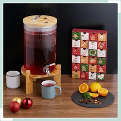 Relaxdays Getränkespender, 8 Liter, Kalt- & Heißgetränke, Bambus-Ständer, Thermometer, Bowle-Gefäß, transparent/ natur
