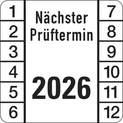 Prüfplakette ab 26, Nächster Prüftermin, Jahresfarben - Bogen = 10 Plaketten - 30 x 30 mm Folie selbstklebend