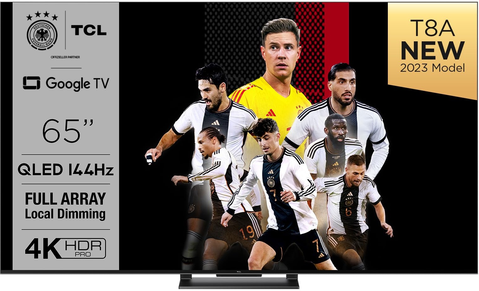 TCL 65T8A 65-Zoll-Fernseher, QLED, HDR 1000 nits, Full Array Local Dimming, IMAX Enhanced, 144Hz VRR, Dolby Vision und Atmos TV, Unterstützt bei Google