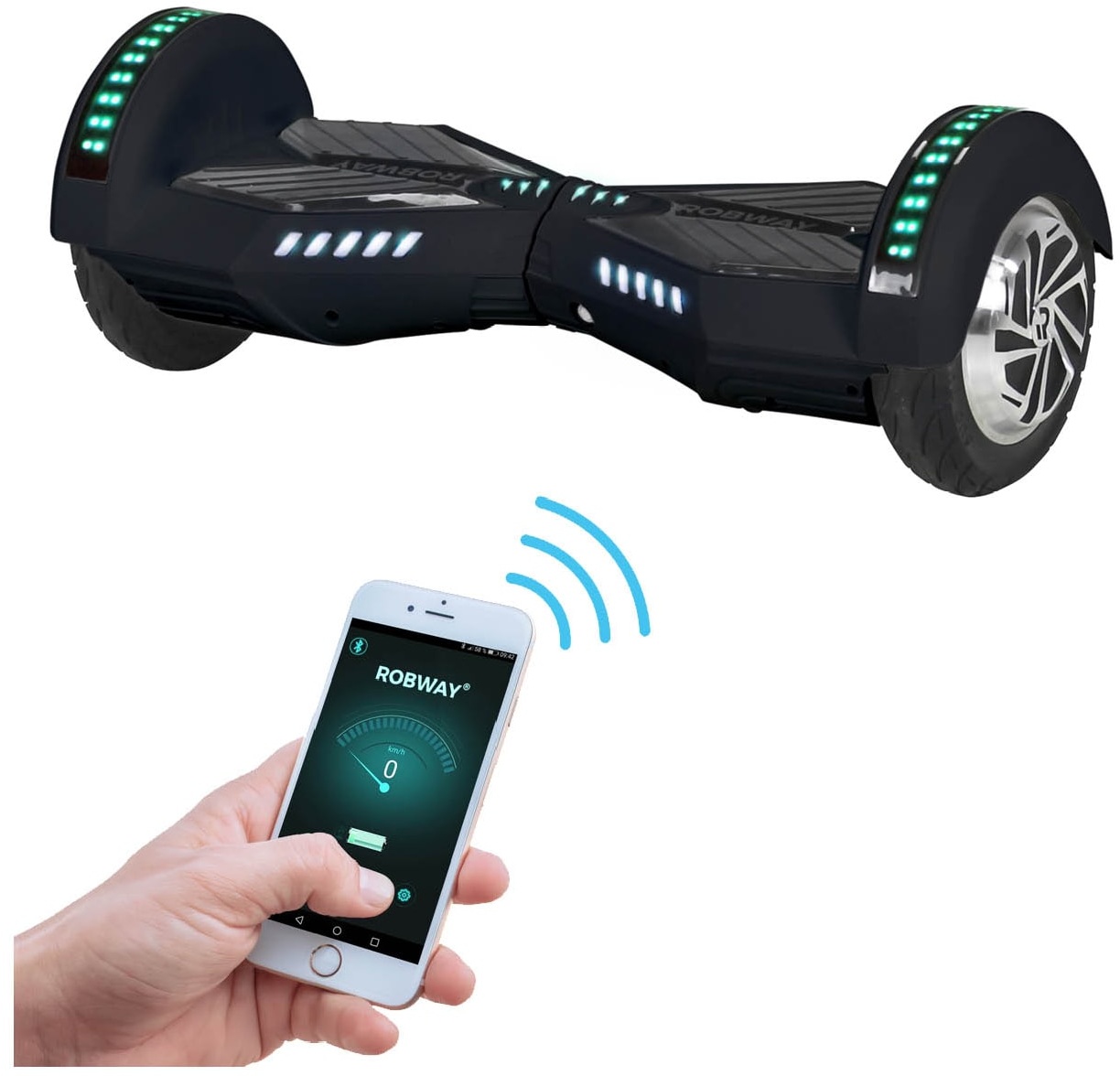 ROBWAY W2 Hoverboard für Erwachsene und Kinder, 8 Zoll, Self-Balance-Funktion, Bluetooth, App, LEDs (Schwarz Matt)