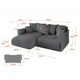 altdecor Ecksofa Cord 2-Sitzer Dunkelgrau