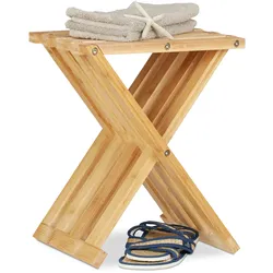 Relaxdays Klapphocker Bambus, natürliche Optik, niedrig, platzsparend faltbar, Hocker für Kinder, HBT 42x32x27cm, natur