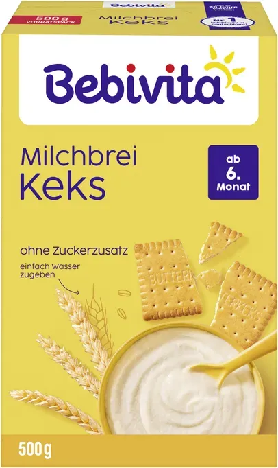BEBIVITA Keks Milchbrei Baby Getreidebrei, ohne Zuckerzusatz, ab 6. Monat, 500g Packung