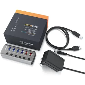 Primewire - USB 3.2 Gen.1 6 Port Hub aktiv schaltbar - mit Netzteil - 4 x USB 3.2 Gen1, 2X USB 3.0 mit smart Charge (Ladeports) - Alugehäuse grau