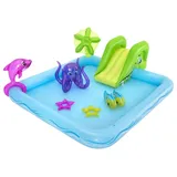 Zimilo Fantastic Aquarium Play Center 239x206x86 cm, Kinder Planschbecken mit Rutsche, Sprühpalme, Delfin, Fischen & Oktopus, ab 2 Jahren