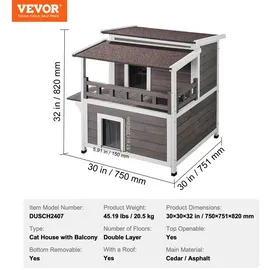 Vevor Katzenhaus für draußen, wetterfest, Unterschlupf für Wildkatzen für mehrere Katzen, großes 2-stöckiges Katzenhaus aus Holz für draußen mit Balkon, Türen, PVC-Türklappen und offenem Dach, 76,2 cm L x 76,2 cm B x 81,3 cm H